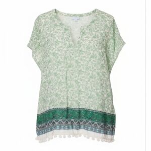 J. Jill XL Green Floral Border Print Tunic Top V-Neck Tassel Fringe Cotton Boho